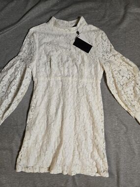 Fashion Union Cream Lace High-Neck Long Sleeve Mini Dress